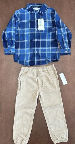 Calvin Klein Hose Set Jungen blau kariert Hemd khaki Jogginghose Kleinkind Größe 4T - Bild 1 von 15