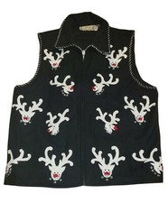 Vintage Christmas Sweater Vest Wool Blend Large Black Reindeer Tacky Ugly