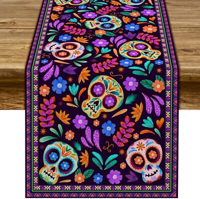 Dia De Los Muertos Table Runner Linen Mexican Sugar Skull Day of The Dead Alt...