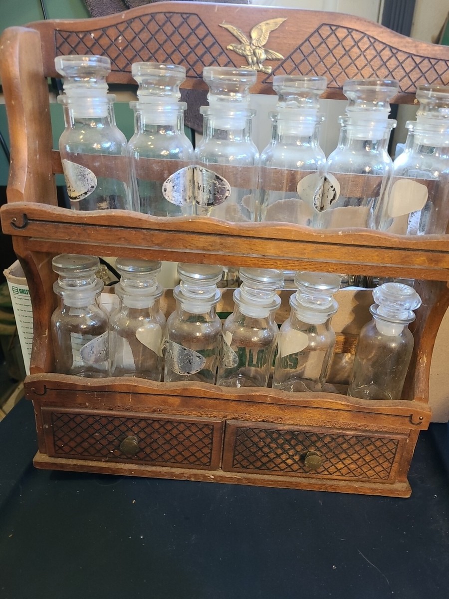 Vintage Spice Apothecary Cabinet W/ Glass Jars Drawers Eagle