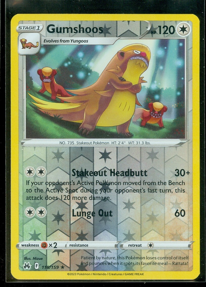 Pokemon GUMSHOOS 118/159 - Crown Zenith - RARE Rev Holo - - MINT