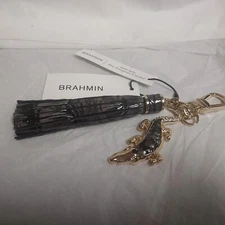 Brahmin Melbourne Collection Nocturnal Gray Charm Leather Tassel Keychain