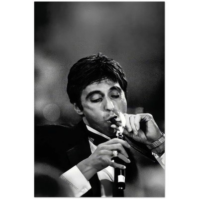 Scarface Al Pacino Tony Montana Smoking Cigar Black White Mafia Movie Poster
