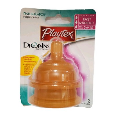 Playtex Latex Nurser NaturaLatch Fast Flow Two Nipples Drop-Ins 3-6 Months New