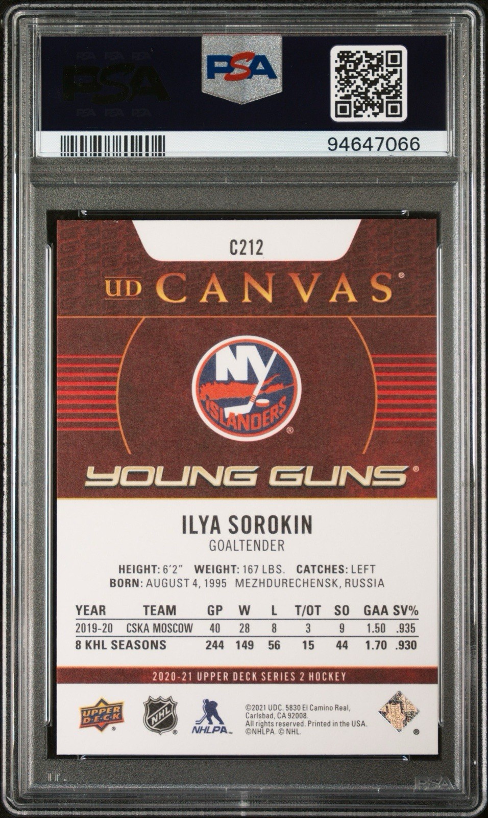 2020-21 Upper Deck Series 2 Ilya Sorokin Young Guns Canvas PSA 10 view 2