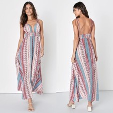 Lulus Maxin' Relaxin' Blue Multi Print Sleeveless Tie-Strap Maxi Dress M $59