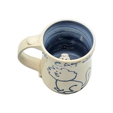 Handmade 3D Cat Mug Blue Embossed White 12oz Coffee Cup Sitting Kitty Inside