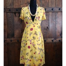 Forever 21 Yellow Floral Chiffon Wrap Midi Dress Short Flutter Sleeve Womens M