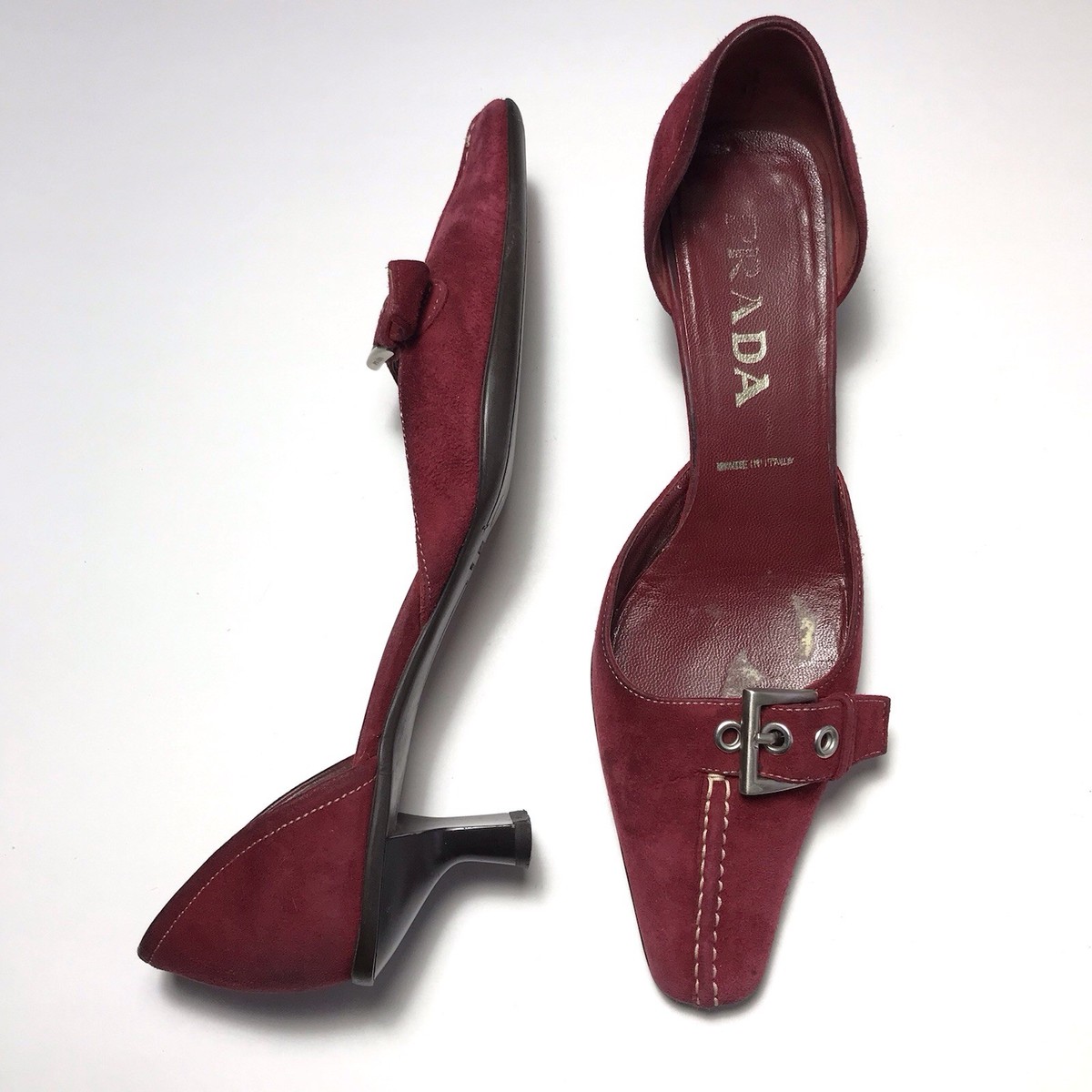 Vintage Prada Y2K Lipstick Red Suede Buckle Front d'Orsay Kitten