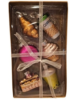 New - 6 Pack Glass Sweets Coffee Boba Croissant Macaron Cake Christmas Ornaments