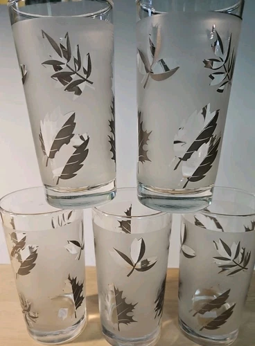 5 VINTAGE MCM Libbey Foliage Silver Frosted 12 Oz Glasses Great Condition 