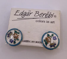 Vintage Edgar Berebi Cloisonné Earrings Floral Butterfly New On Card