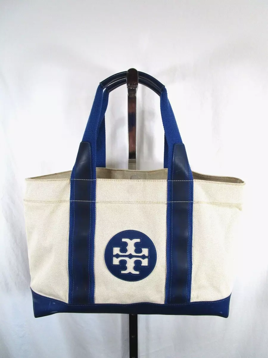 Tory Burch Large Ivory Canvas & Blue Vinyl Shoulder Tote