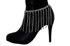 Women Gold Chain Boot Strap Long Silver Shiny Fringes Tassel Shoe Charm Fancy