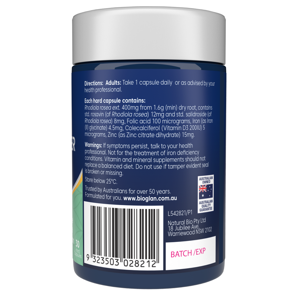 Bioglan Rhodiola Fatigue Fighter 30 Capsules Iron + Vitamin B9 Mental