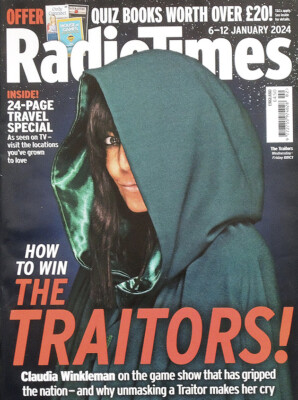 RADIO TIMES 6 JAN 2024 . CLAUDIA WINKLEMAN THE TRAITORS FRONT COVER. THE TOURIST