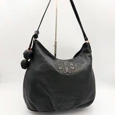 Tory Burch Thea Black Pebbled Leather Hobo Shoulder Bag Logo Charm with Pom Poms