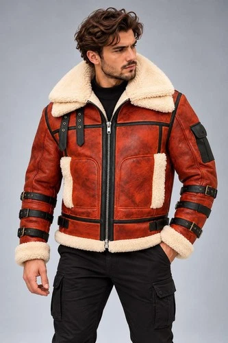 Winter Biker Style Outerwear ,Men's Rust Brown Aviator Jacket, Cream Shearling  - product listing photo