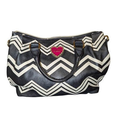  Vtg Y2k Betsey Johnson Purse Pinch Satchel Bag Black White Zip 12''