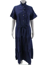 Mille Resort & Travel Womens Cotton Striped Ruffle Short Sleeve Dress Blue Sz S