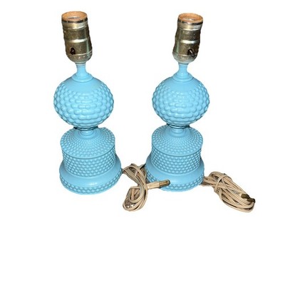 Vintage 2 Table Lamps Boudoir 11  Blue Milk Glass Hobnail Light Push Button