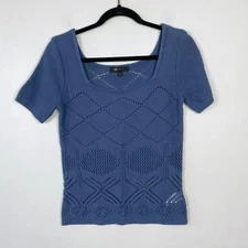 FRYE Blue Square Neck Knit Blouse Geometric Short Sleeve Stretch Size Medium