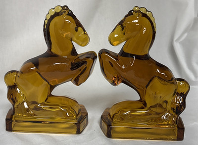 L.E. Smith Amber Glass Horse Bookends 8'' Mid Century Ralph Lauren Equestrian