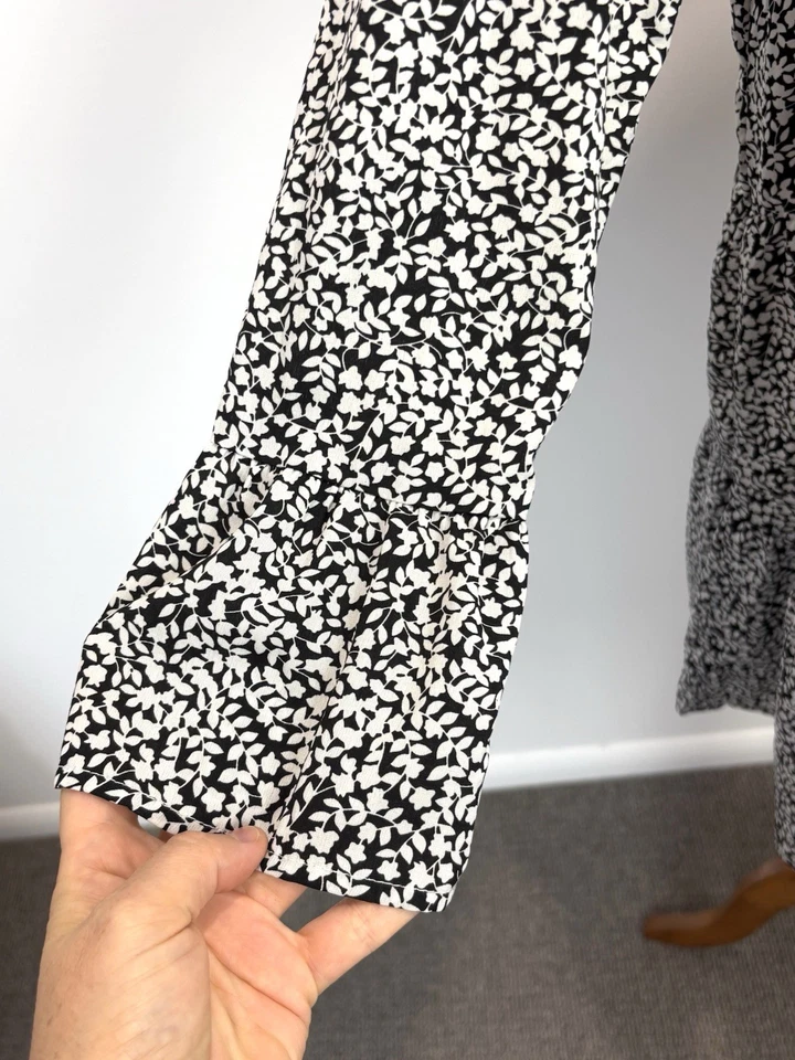 Boohoo Womens Dress 14 XL White Black Floral Long Sleeve Tiered Maxi Boho Casual - Image 3 of 4