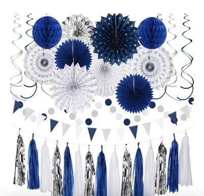 Navy-Blue White-Silver Graduation Party-Decorations - Navy-blue White-silver