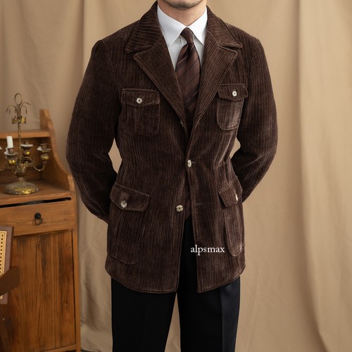 Giacca cappotto corto blazer uomo velluto a coste stile americano retrò caccia safari - Foto 23 di 27