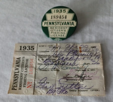 Vintage 1935 Pennsylvania PA Resident Fishing License Pin Back 189454 Paperwork