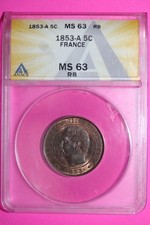 1853 A MS 63 France 5 Centimes Red/Brown Bronze Coin ANACS Certified Graded 525