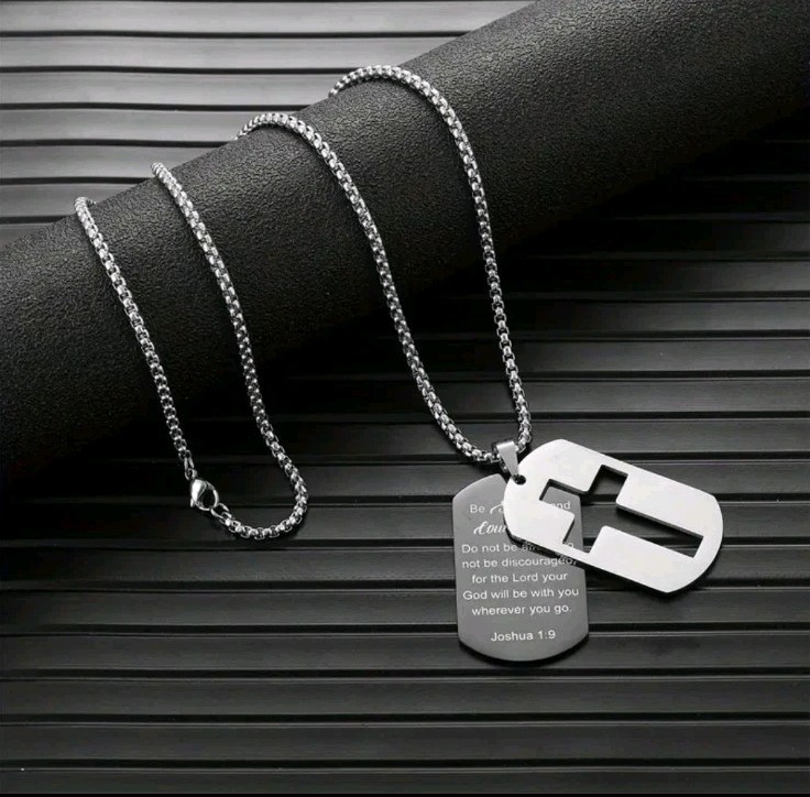 Stainless Steel Dog Tag Necklace With Lords Prayer & Serenity Cross – Unisex Pendant And Chain