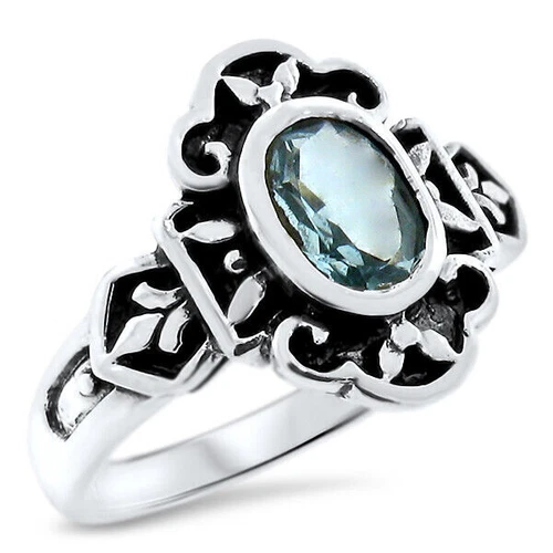 GENUINE SKY BLUE TOPAZ 925 STERLING SILVER VICTORIAN STYLE RING             #841