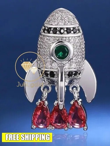 Epic Rocket Brooch Pin 3CT Pear Simulated Ruby/CZ 14K White Gold Over RealSilver - Picture 2 of 9