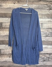 J. Jill Cardigan Womens Medium Linen Blend Open Knit Duster Tunic Blue