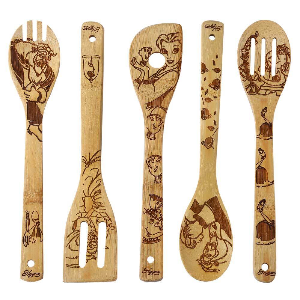 Beauty and the Beast Burned Wooden Spoons Cooking &Serving Utensils Set Bambo...