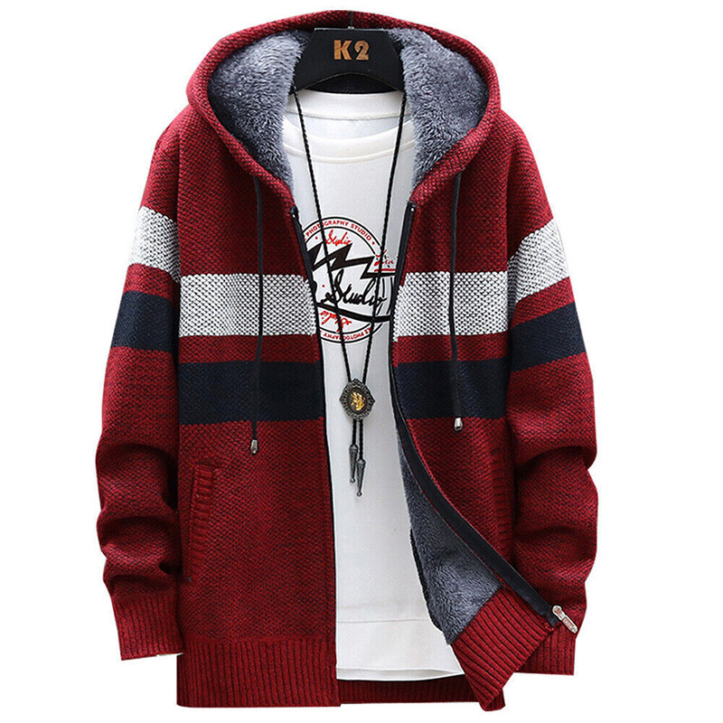 Mens Hoodie Knitted Cardigan Fleece Lined Winter Zip Up Thick Thermal