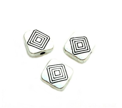 20 Tibetan Antiqued Silver 9x8mm Flat Square Diamond Line Pattern Spacer Beads