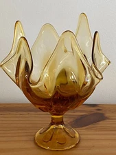 Vintage Viking Glass Amber Gold Handkerchief Swung Pedestal Bowl 7.75" Tall