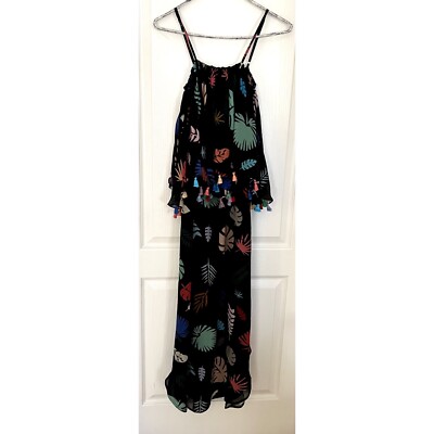 NWT New Carolina K 100% Silk Black Tassels Fringe Leaves Leaf Midi Dress XS