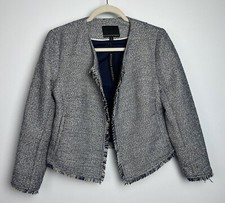 Banana Republic Women Tweed Jacket Fringe White Blue Open Front Lined Size 4 NWT