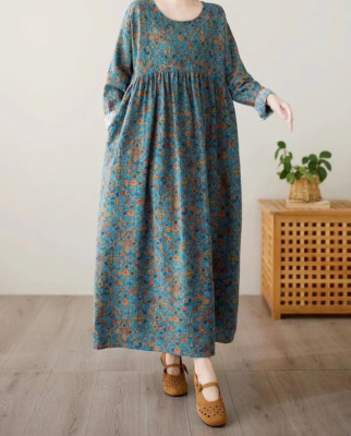  Bauernhof Landhaus blickdicht Kleid Taschen Leinen l 40 XL 42 Muster türkis