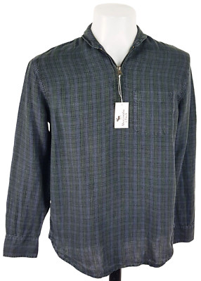 ABERCROMBIE & FITCH Herren 100% LEINEN blau/grün L/S ÜBER SHIRT Reißverschluss - XS (S) - 79£