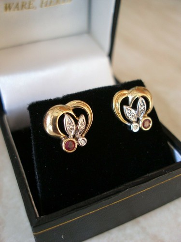 PAIR OF 9 CARAT GOLD RUBY & DIAMOND FANCY STUD EARRINGS MADE IN UK BRAND NEW - Picture 4 of 4