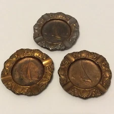 3 Vintage Cast Heavy Metal Nautical Sailing Ashtrays 3 3/8 Sailboat Ocean Decor