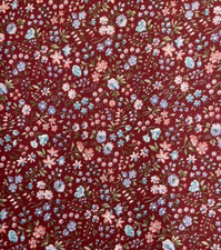 PINK BLUE MINI-FLORAL ON BURGUNDY COTTON- BY THE YARD