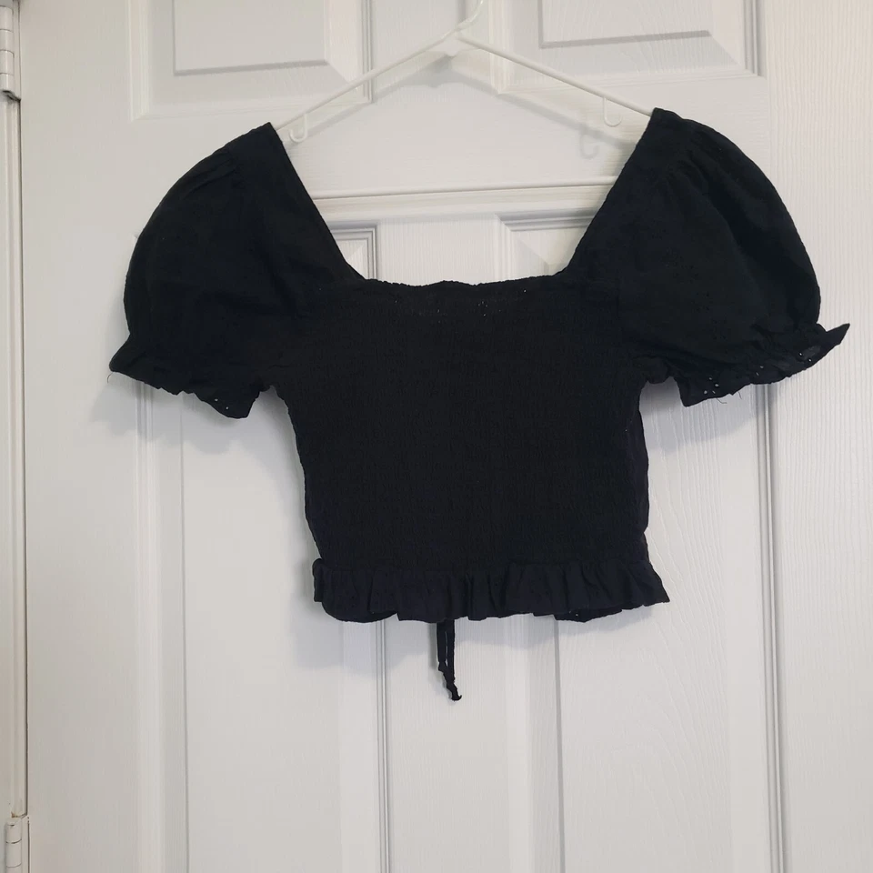 Ambiance Crop Smocked Top Size L Black Puff Sleeve Eyelet Ruffle Boho Festival - Image 3 of 4