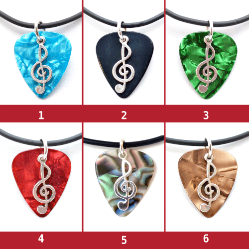 Guitar Pick Necklaces -- with Music Clef Note Charms Various Colors - Picture 1 of 9