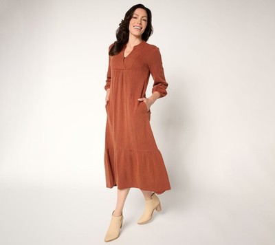 LOGO by Lori Goldstein Lavish Regular 100% Cotton Midi Dress Spice Brown L New